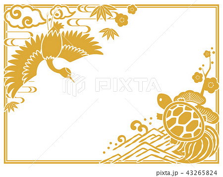 鶴と亀のフレーム 金のシルエットのイラスト素材