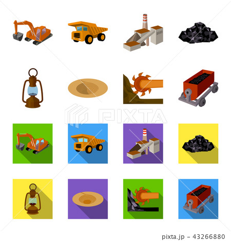 A miner lamp, a funnel, a mining combine, a trolley with ore.Mining industry set collection icons in A miner lamp, a funnel, a mining combine, a trolley with ore.Mining industry set collection icons in 43266880