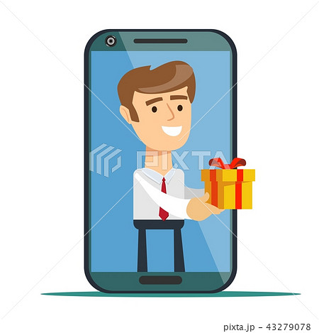 Young man from smartphone screen sending present box isolated on background 43279078