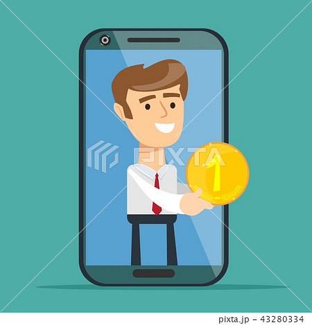 Young man from smartphone screen giving gold coin, isolated on background. Bank service concept. 43280334