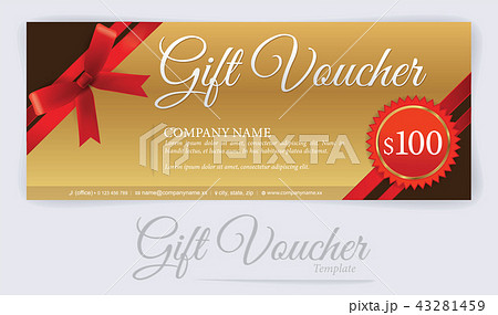 Gift voucher with red ribbons and bow, Gift coupon 43281459