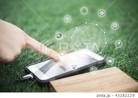 Hand touching on mobile screen,internet technology 43282229