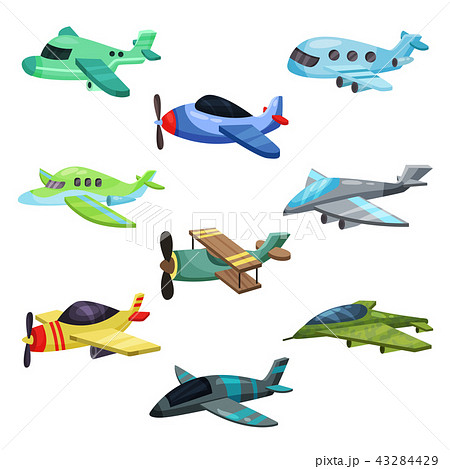 Flat vector set of different aircrafts. Military jet planes, passenger airplane and biplane 43284429