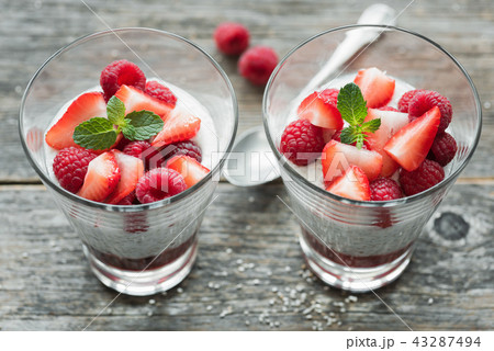 Protein chia pudding with fresh berries on wooden background Protein chia pudding with fresh berries on wooden background 43287494