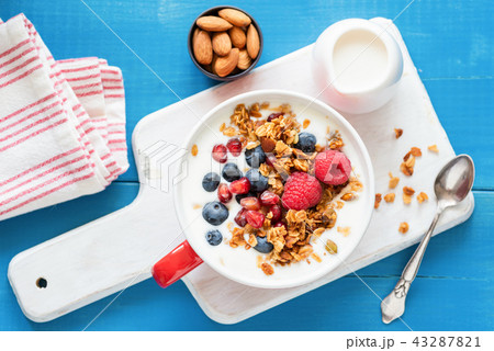 Granola with yogurt and fresh berries, top view Granola with yogurt and fresh berries, top view 43287821