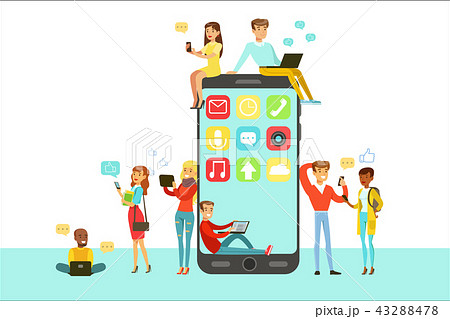 People With Different Modern Gadgets Using Social Networks Around Giant Smartphone Cartoon 43288478