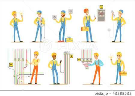 Electrician Specialist With Electric Wires At Work Doing Wireman Repairs Set Of Cartoon Character Electrician Specialist With Electric Wires At Work Doing Wireman Repairs Set Of Cartoon Character 43288532