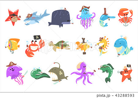 Marine Animals And Underwater Wildlife With Pirate Accesories And Attributes Set Of Comic Cartoon Marine Animals And Underwater Wildlife With Pirate Accesories And Attributes Set Of Comic Cartoon 43288593