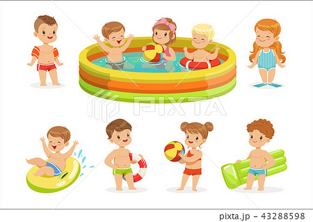 Small Children Having Fun In Water Of The Pool With Floats And Inflatable Toys In Colorful Swimsuit 43288598