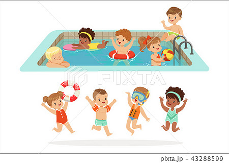 Small Children Having Fun In Water Of The Pool With Floats And Inflatable Toys In Colorful Swimsuit Small Children Having Fun In Water Of The Pool With Floats And Inflatable Toys In Colorful Swimsuit 43288599