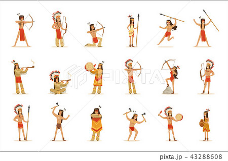 Native American Tribe Members In Traditional Indian Clothing With Weapons And Other Cultural Objects 43288608