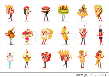 People Wearing Fast Food Snacks Costumes Disguised As Cafe Menu Items Set Of Cartoon Characters 43288771
