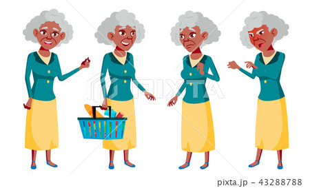 Old Woman Poses Set Vector. Elderly People. Black. Afro American. Senior Person. Aged. Beautiful 43288788