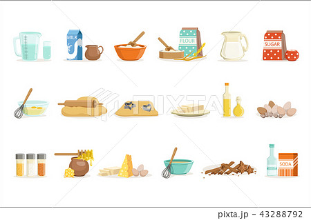 Baking Ingredients And Kitchen Tools And Utensils Set Of Realistic Cartoon Vector Illustrations With 43288792