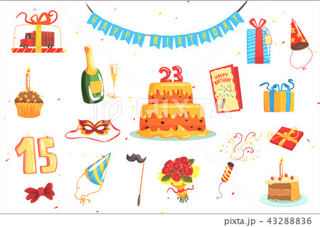 Happy Birthday Party Set Of Isolated Cute Cartoon Objects Related To Partying And Celebrating Happy Birthday Party Set Of Isolated Cute Cartoon Objects Related To Partying And Celebrating 43288836