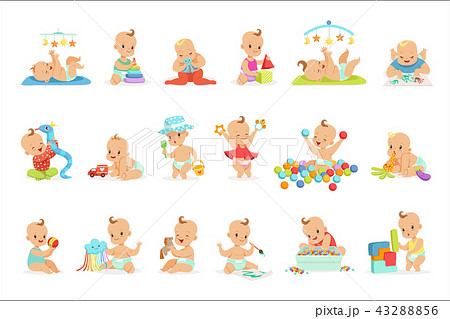 Adorable Girly Cartoon Babies Playing With Their Stuffed Toys And Development Tools Set Of Cute 43288856