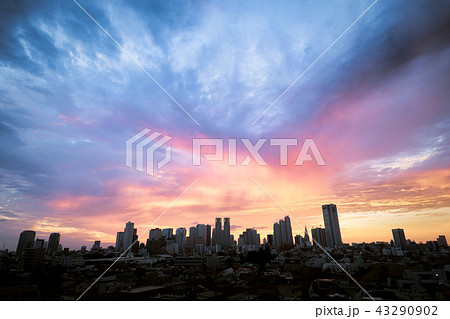 新宿 高層ビル群 朝焼けの写真素材