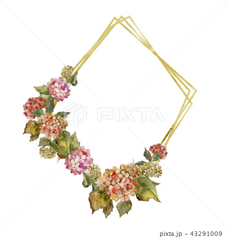 Watercolor red and yellow gortenzia flower. Floral botanical flower. Frame border ornament square. 43291009
