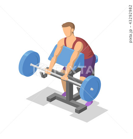 Man working out with barbell on preacher bench in the gym. Colorful isometric illlustration of Man working out with barbell on preacher bench in the gym. Colorful isometric illlustration of 43292982