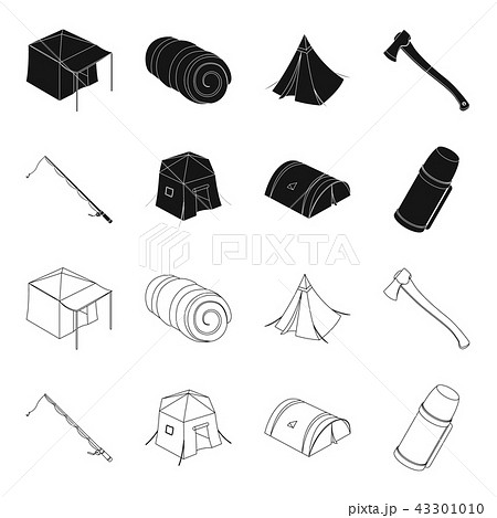 Spinning for fishing, tent, thermos.Tent set collection icons in black,outline style vector symbol 43301010