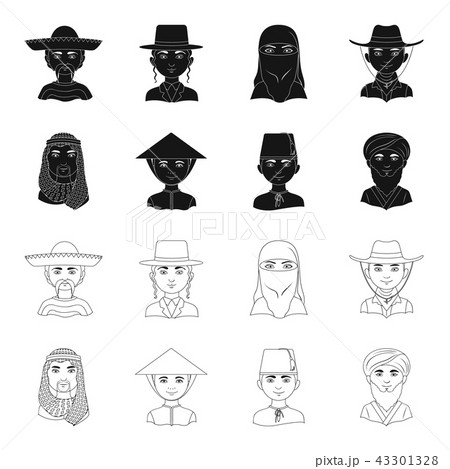 Arab, turks, vietnamese, middle asia man. Human race set collection icons in black,outline style Arab, turks, vietnamese, middle asia man. Human race set collection icons in black,outline style 43301328