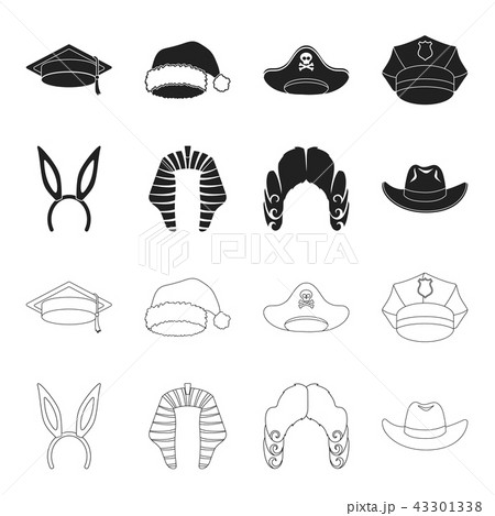 Rabbit ears, judge wig, cowboy. Hats set collection icons in black,outline style vector symbol stock Rabbit ears, judge wig, cowboy. Hats set collection icons in black,outline style vector symbol stock 43301338