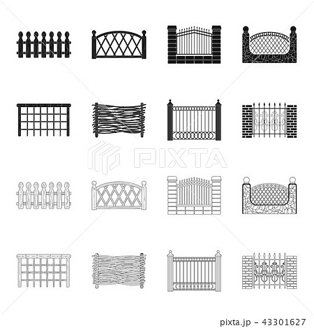 A fence of metal and bricks,wooden palisade. A different fence set collection icons in black,outline 43301627