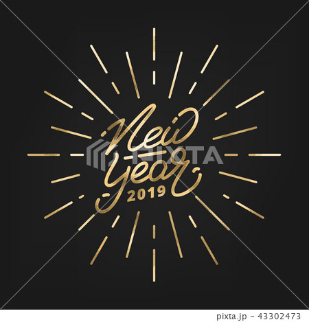 New Year 2019. Happy New Year 2019 gold foil hand lettering label. Hand drawn logo for New Year card 43302473