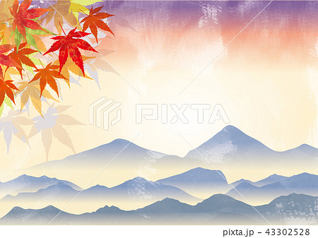 モミジと霞んだ山の背景イラスト 秋のイメージの背景 飾り枠 モミジと風景イラスト 水彩画タッチ 青のイラスト素材 43302528 Pixta