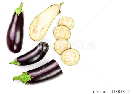 eggplant or aubergine isolated on white background with copy space for your text. Top view. Flat lay eggplant or aubergine isolated on white background with copy space for your text. Top view. Flat lay 43303312