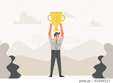 Celebrating businessman holding winner cup trophy over his head. Business illustration in flat 43304527