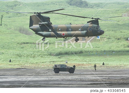 東富士演習場でホバリングする災害派遣でも活躍する陸上自衛隊のCH-47Jチヌーク輸送ヘリコプター 43308545