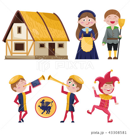 Set Of Medieval Characters And Houseのイラスト素材