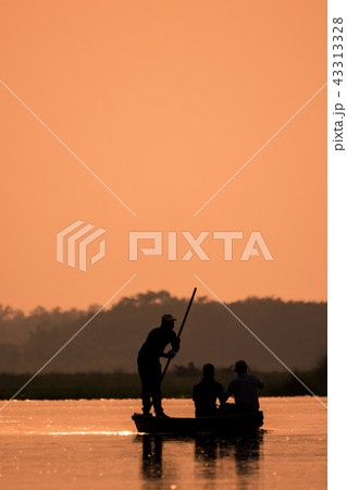 Men in a boat on a river silhouette 43313328