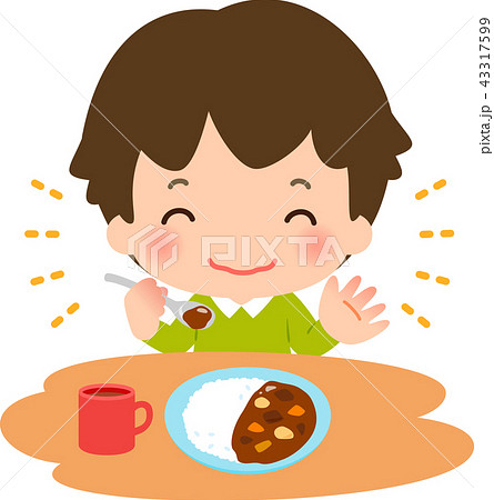 笑顔でカレーライスを食べる男の子のイラスト素材