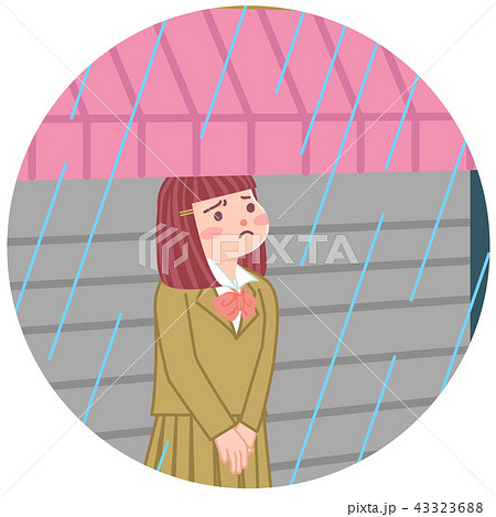 雨宿りをする女の子のイラスト素材