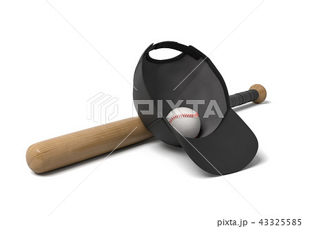 3d rendering of a white baseball with red stitching lying inside a black baseball cap that leans on 43325585