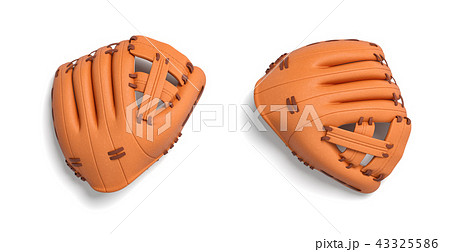 3d rendering of two left handed orange baseball gloves lying on a white background in a top view. 3d rendering of two left handed orange baseball gloves lying on a white background in a top view. 43325586