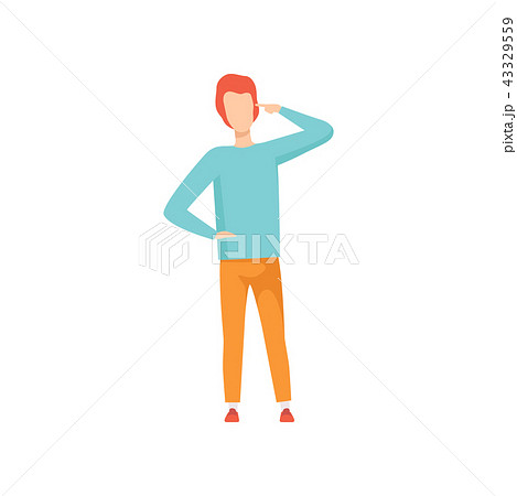 Young man twisting his finger against his temple, faceless guy character gesturing vector Young man twisting his finger against his temple, faceless guy character gesturing vector 43329559