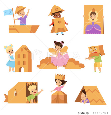 Cute creative kids playing toys and costumes made of cardboard boxes set vector Illustrations on a Cute creative kids playing toys and costumes made of cardboard boxes set vector Illustrations on a 43329703