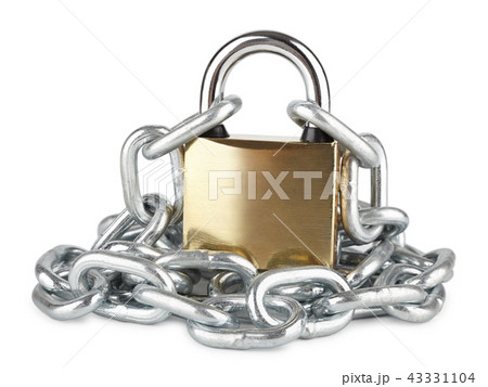closed padlock with chrome-plated chain isolated closed padlock with chrome-plated chain isolated 43331104