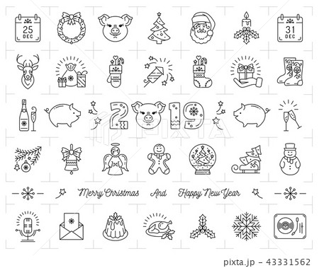 Christmas icons set, Pig icons chinese zodiac 2019. Thin line art New year icons, 2019 text design 43331562