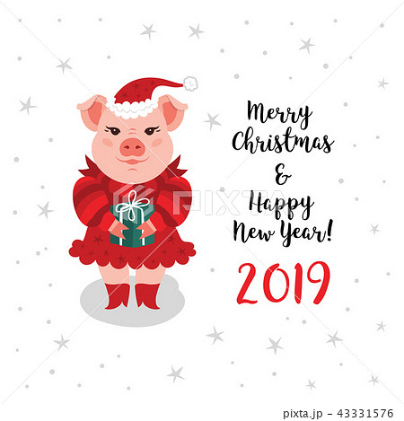Christmas pig greeting card, Merry Christmas Happy New Year 2019 card. A cartoon pig in a red Santa Christmas pig greeting card, Merry Christmas Happy New Year 2019 card. A cartoon pig in a red Santa 43331576
