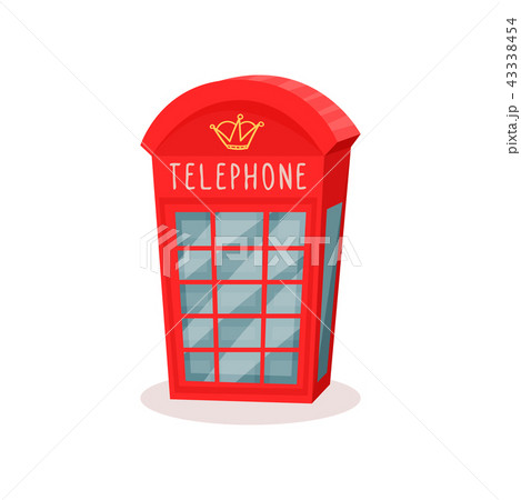 Flat vector icon of red telephone booth. Famous symbol of England. Travel to London. Public call box Flat vector icon of red telephone booth. Famous symbol of England. Travel to London. Public call box 43338454