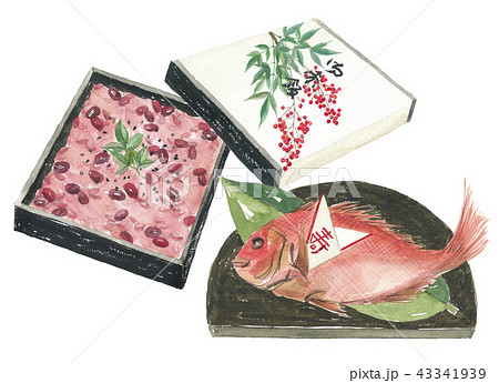 赤飯と祝い鯛のイラスト素材