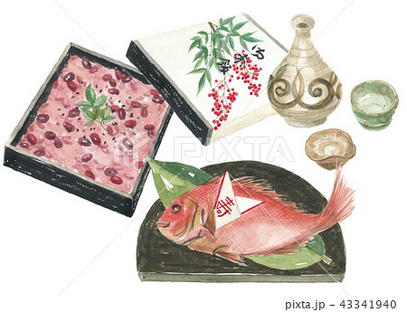赤飯と祝い鯛 晩酌セットのイラスト素材
