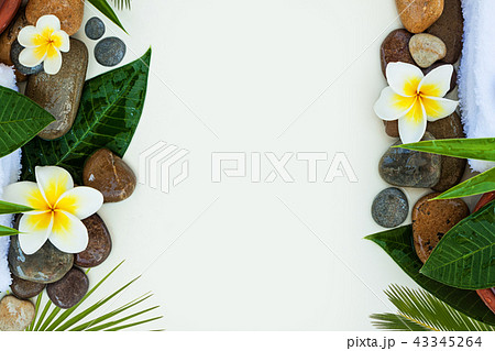 Green leaves, white tropical flowers and stones 43345264