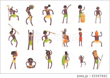 African Tribe Members, Warriors And Civilians In Leaf Loincloths Set Of Smiling Cartoon Characters 43347892