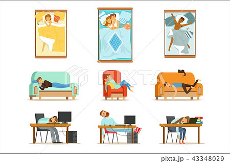 People Sleeping In Different Positions At Home And At Work, Tired Characters Getting To Sleep Set Of 43348029