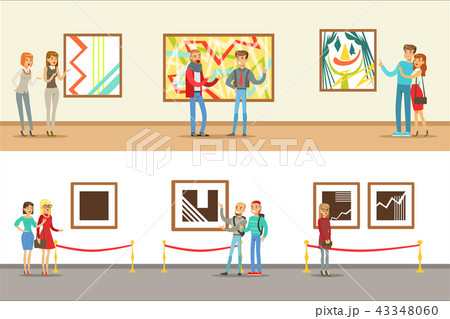 Museum Visitors Taking A Museum Tour With And Without A Guide Looking At Art And Science Exhibitions 43348060